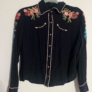 Scully Black Floral Embroidered Button Down Shirt